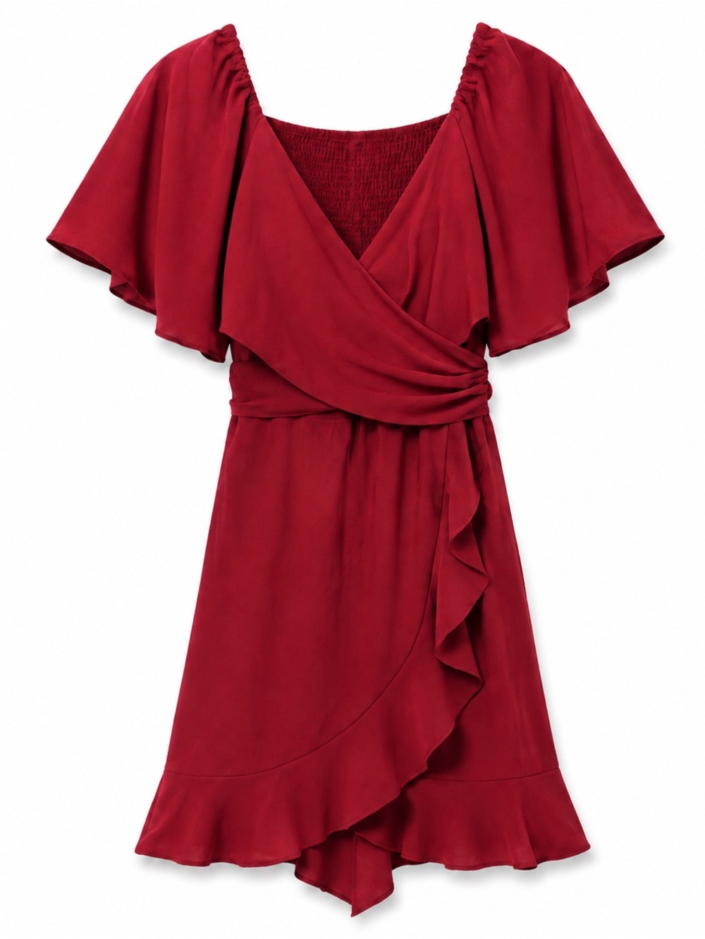 NWT Dokotoo Burgundy Wrap Mini Dress Medium Flutter Sleeve Ruffle Wedding Guest